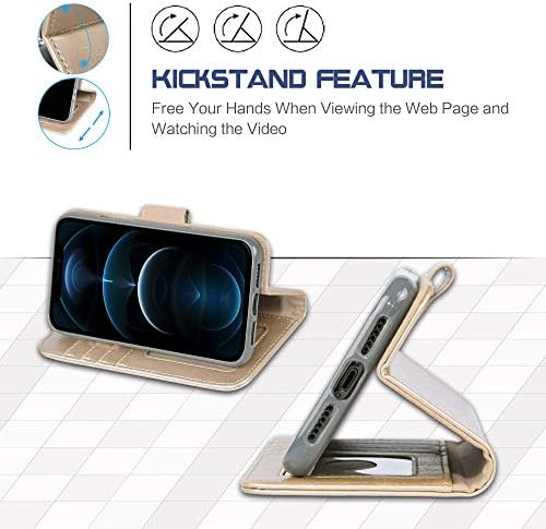 Arae iPhone 12 Pro Max Prémium PU Bőr Flip Cover Tárca Esetben (Pezsgő Arany), 3 Csomag Ultra-Vékony HD Edzett Üveg