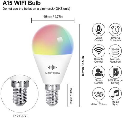 MAKYTWOW A15 LED Smart Izzó, Kompatibilis Alexa, a Google Haza, SmartThings, E12 Alapú WiFi Izzók, 5W=40W, Színe Változó,