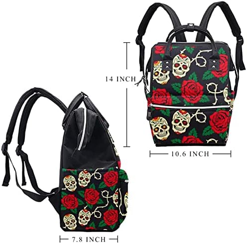 GUEROTKR Utazási Hátizsák, Pelenka táska, Hátizsák Táskában, piros rózsa virág levelek skull mintázat