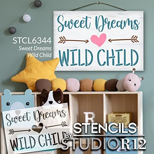 Édes Álmok Vad Gyermek, Szó, Művészet, Stencil által StudioR12 | Nyilakkal | Kisgyermek, Gyerek Szoba Dekoráció | Festék