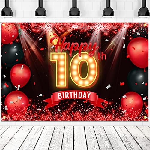 Boldog 10. Születésnapi Banner Hátteret, Piros, Fekete, 10 Éves Háttér Bday Dekorációk, Lányok, Fiúk, Fotózás, Party