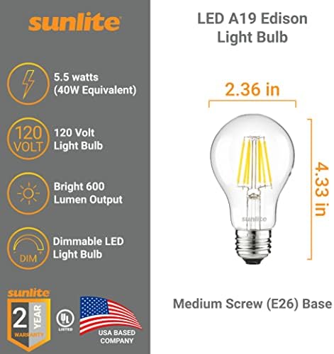 Sunlite 41753 LED Edison 19 Villanykörte 5,5 Watt (40W Egyenértékű), 600 Lumen, Közepes E26 Bázis, Szabályozható, Világos,